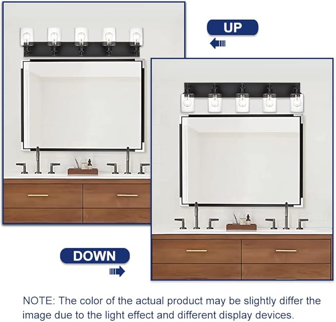 Black Bathroom Light Fixtures Over Mirror, Modern 5-Lights Wall Sconce Lighting with Clear Glass Shade for Vanity Living Room (E26 Bulb Base)