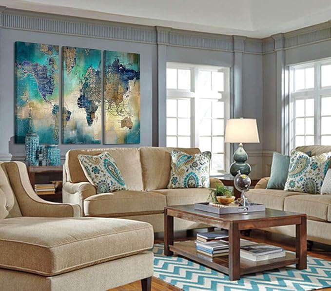Pogusmavi Canvas Wall Art for Living Room - World Map Wall Decor - Large Wall Art for Bedroom - Office Artwork - Map Wall Art 16"x32" 3 Piece Canvas Wall Art