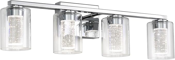 4 Light Chrome Bathroom Light Fixture, Dimmable 5CCT Chromes Bathroom Vanity Lights, 2700K-6500K Modern Crystal Bubble LED Wall Sconce Over Mirror with Clear Glass for Bedroom, Living Room
