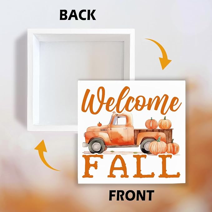Welcome Fall Wood Sign, Pumpkin Harvest Truck Decor, Front Door Shelves Decoration, Farmhouse Home Decor, Autumn Thanksgiving Decors, Decorative Wooden Table Signs, Rustic Wooden Box Sign A16