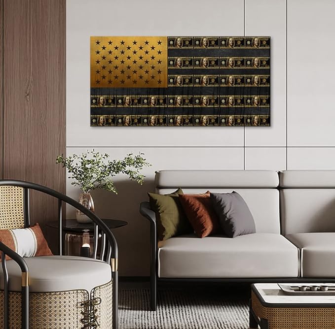 Abstract Dollars Creative USA Flag Wall Art Golden Vintage Bill American Flag Creative Inspirational Framed Posters Prints Paintings Artwork for Home Walls Guest Roomm Study Room Gym Decor-40"Wx20"H