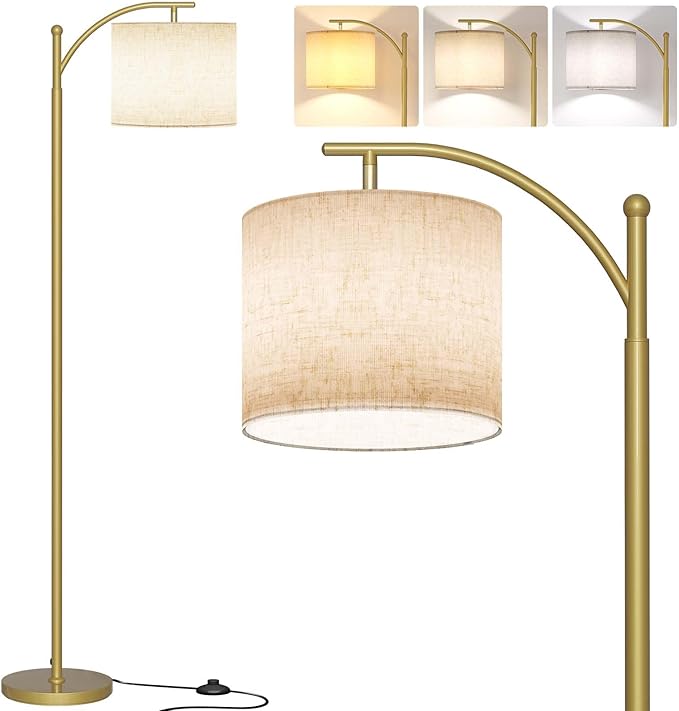 SUNMORY Arc Floor Lamp,Modern Floor Lamp with 9W 3 Color Temperatures Bulb,Metal Standing Lamps with Adjustable Hanging Lampshade,Tall Floor Lamps for Living Room,Bedroom, Gold Without Remote