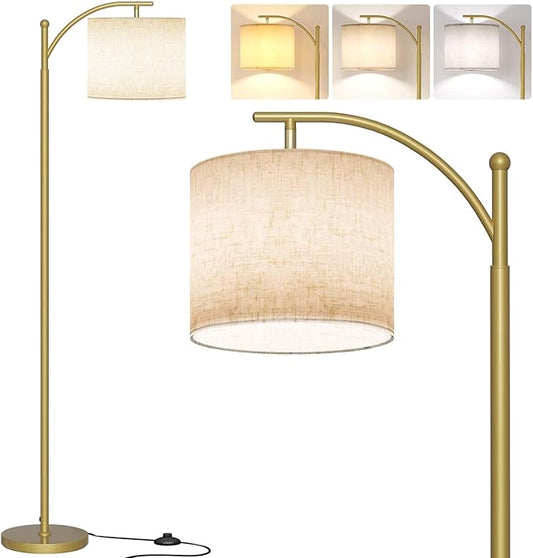 SUNMORY Arc Floor Lamp,Modern Floor Lamp with 9W 3 Color Temperatures Bulb,Metal Standing Lamps with Adjustable Hanging Lampshade,Tall Floor Lamps for Living Room,Bedroom, Gold Without Remote
