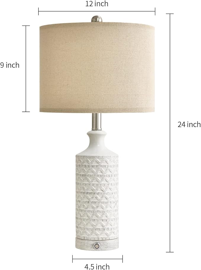 PoKat 24" Farmhouse Table lamp for Nightstands Set of 2 for Living Room, White Bedroom Bedside Lamp for Living Room, Ceramic Bedside Nightstand End Table Lamps, White