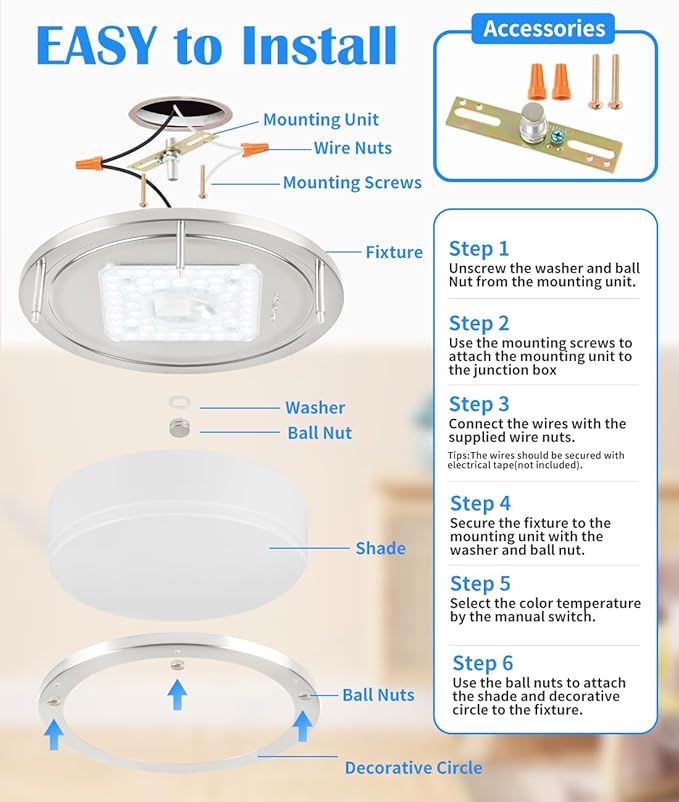 2 Pack Brushed Nickel Ceiling Light, 10 Inch LED Ceiling Light Fixture for Bathroom,17W, 2700K/3000K/3500K/4000K/5000K Adjustable Ceiling Lighting for Bedroom Kitchen Hallway Living Room