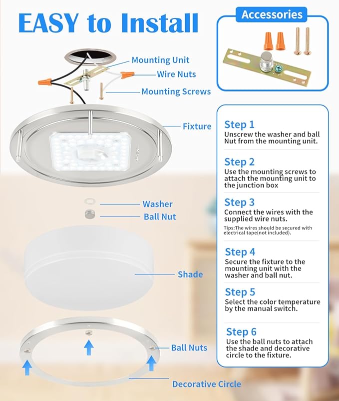 Brushed Nickel Ceiling Light, 10 Inch LED Ceiling Light Fixture for Bathroom,17W, 2700K/3000K/3500K/4000K/5000K Adjustable Ceiling Lighting for Bedroom Kitchen Hallway Living Room