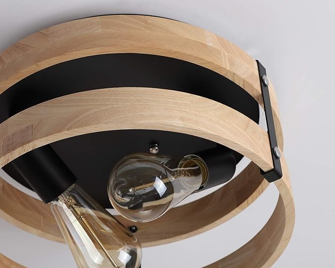 Modern Farmhouse Flush Mount Light Fixture Two-Light Metal and Wood Round Drum Rustic Flush Mount Ceiling Light for Hallway Bedroom Kitchen Entryway, Light Yellow Wood and Black