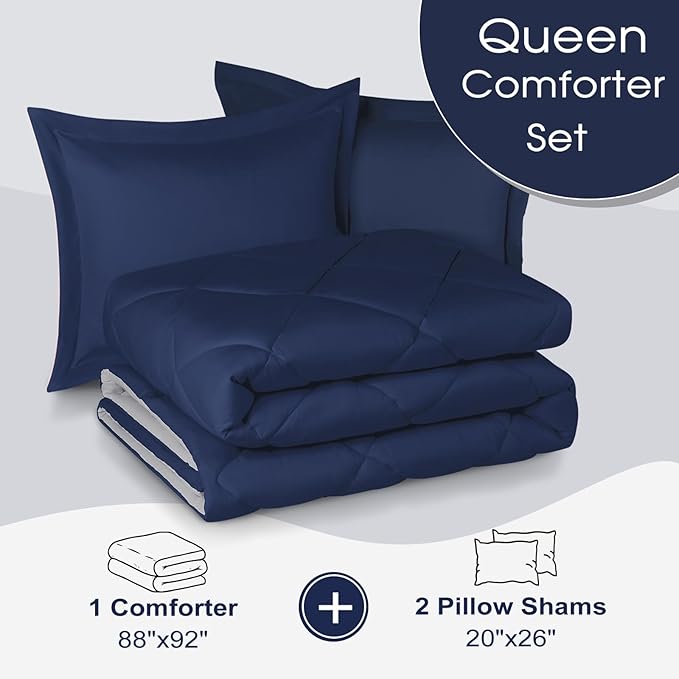 Basic Beyond Queen Comforter Set - Navy Blue Comforter Set Queen Size, Reversible Bed Comforter Queen Set for All Seasons, Navy/Grey, 1 Comforter (88"x92") and 2 Pillow Shams (20"x26"+2")