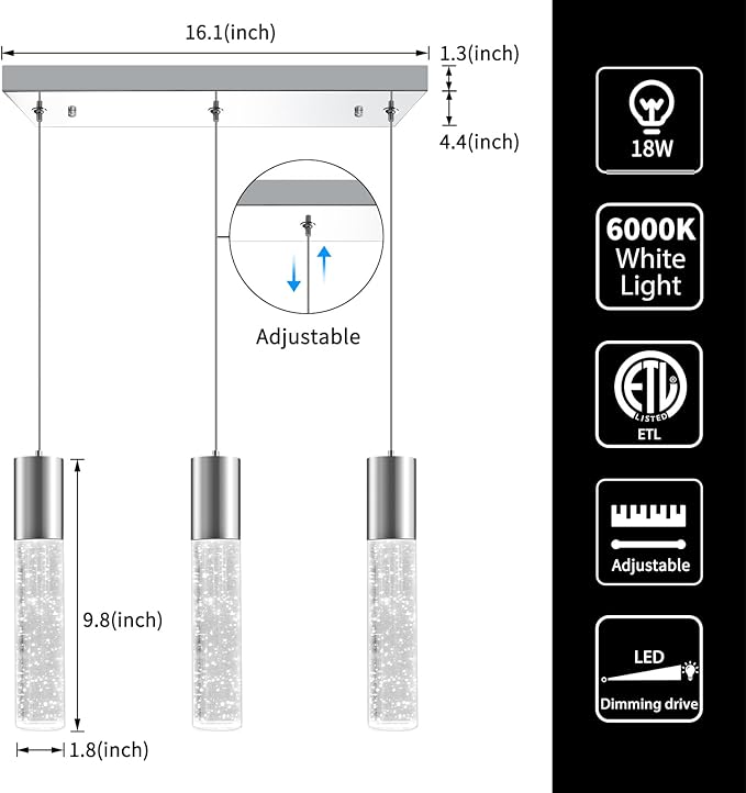 OKELI 3-Light Dimmable LED Pendant Lighting for Kitchen Island, 18W 1350LM Modern Crystal Bubble Island Light Fixture, 6000K Cool White, Adjustable Electro-Chrome Fixture, Easy Install, Square