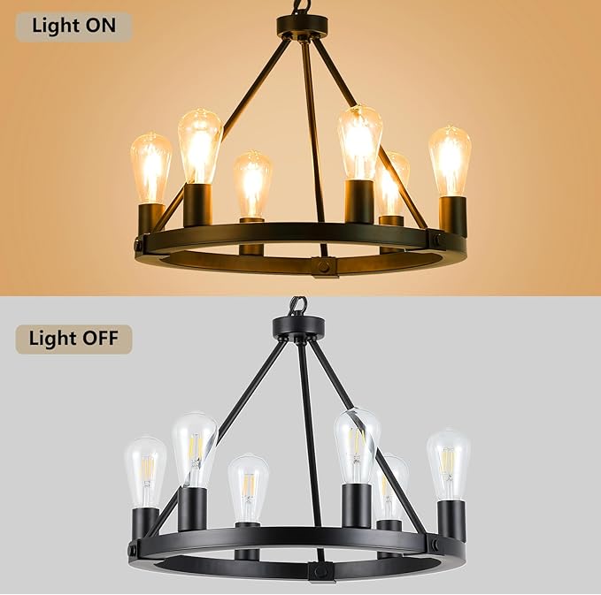 9MMML Black Wagon Wheel Chandelier, 6-Light Industrial Pendant Light, 20'' Farmhouse Ceiling Hanging Chandelier Light Fixture for Living Room, Bedroom, Entryway, Foyer