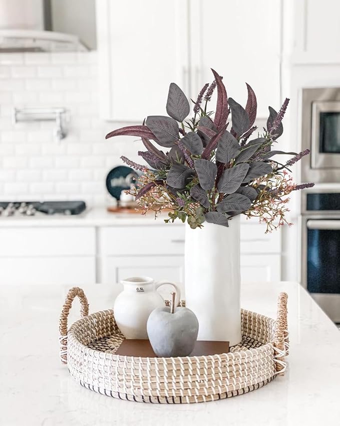 Fall Artificial Eucalyptus Bouquet with Purple Sage Leaves – Autumn Faux Greenery Bush with Raffia Wrap for Farmhouse, Kitchen, Table, and Seasonal Home Décor