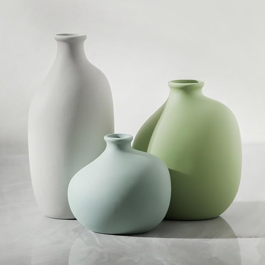 Ceramic Vase Set of 3, Rustic Farmhouse Pottery Vases for Home Decor, Perfect for Pampas Grass, Dried or Fresh Flowers, Ideal for Living Room, Bedroom, Kitchen, Bathroom, Bookshelf, Table Centerpiece.