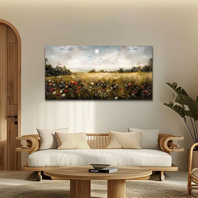 Wapluam Large Wall Art Living Room Wall Decor for Bedroom Wildflower Field Vintage Wall Art Canvas Prints Paintings Farmhouse Artworks Pictures Modern Aesthetic Home Wall Decoration Ready To Hang