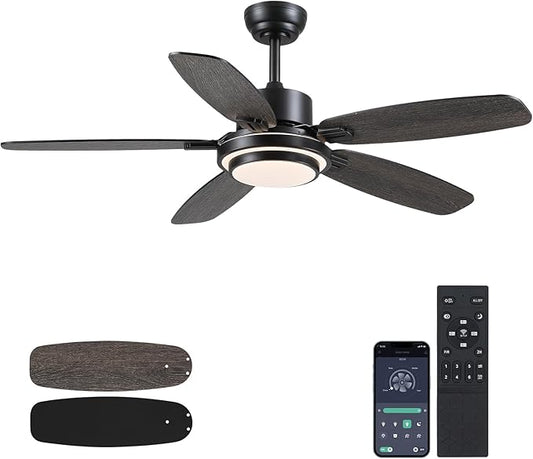 Ceiling Fan with Light and Remote/APP Control,50" Black Ceiling Fan with DC Reversible Motor, Quiet 6 Speeds Modern Flush Mount Ceiling fan Light for Bedroom,Dinnig Room,Indoor/Outdoor