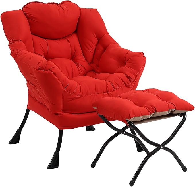 Modern Lazy Chair with Folding Footrest, Lounge Accent & Comfortable Reading Chair (Red)