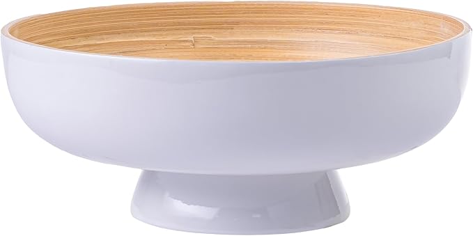 PEMAR 10" Lacquer Bamboo Fruit Bowl for Kitchen Counter, Handmade Large Decorative Pedestal Bowl for Entryway Table Home Decor, Key Bread Candy Snacks Organizer (White Cream)