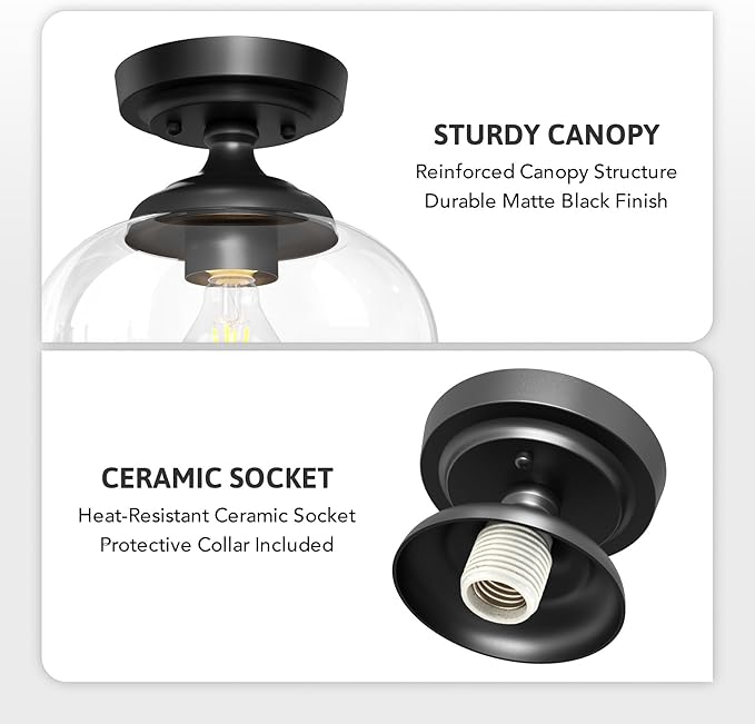 VONLUCE Industrial Semi Flush Mount Ceiling Light, 8.3" Ceiling Light Fixture with Clear Glass Shade, Farmhouse Lighting for Hallway Kitchen Bedroom Entryway, Matte Black Flush Mount Light Fixture