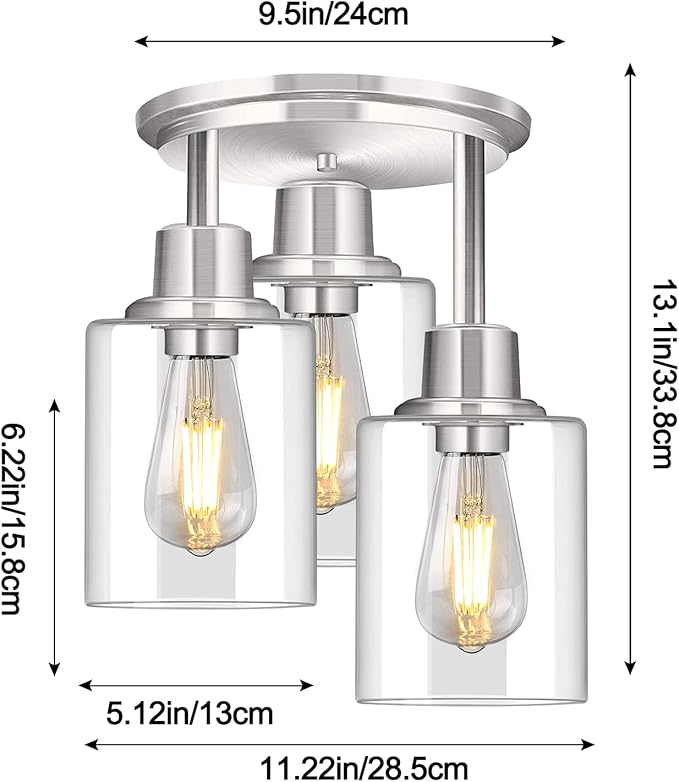 ROTTOGOON Semi Flush Mount Ceiling Light, 3 Light Close to Ceiling Light Fixtures, Brushed Nickel Finish Kitchen Light Fixtures with Clear Glass Shades, Modern Hallway Lights Fixtures Ceiling Mount