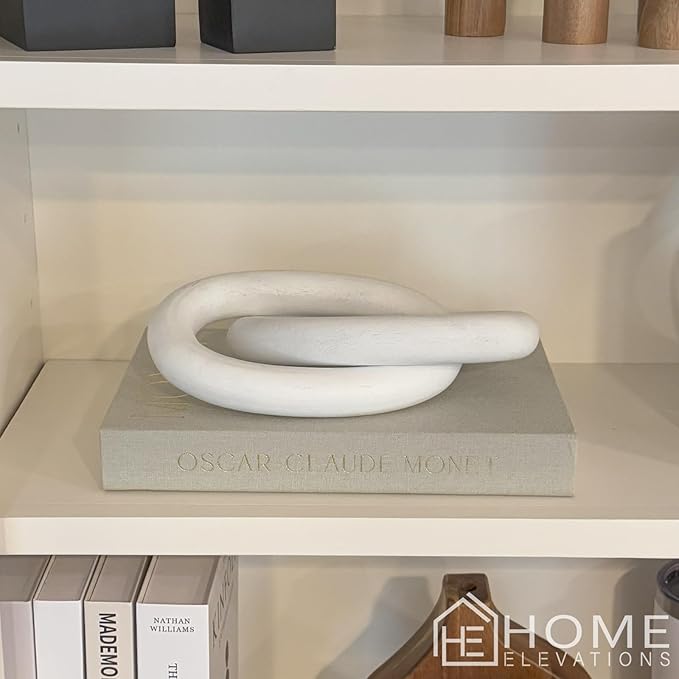 Wood Chain Link Decor – 13” White Wooden Decorative Object for Coffee Table Decor & Neutral Decor for Home – Modern Knot Accent for Shelf Styling, Books, or Housewarming Gifts