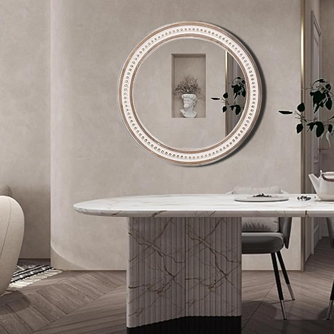 32'' Boho Wooden Large Round Wall Mirrors, Rustic Farmhouse Circle Mirrors Decorative for Bathroom, Bedroom Over Sink, Living Room, Entryway