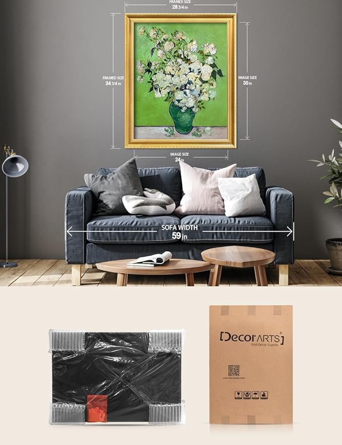 DECORARTS - Vincent van Gogh's Pink Roses in a Vase, Museum-Quality Giclee Canvas Print in Gold Solid Wood Frame, 34.75 x 28.75 in, Ready to Hang, Made in USA