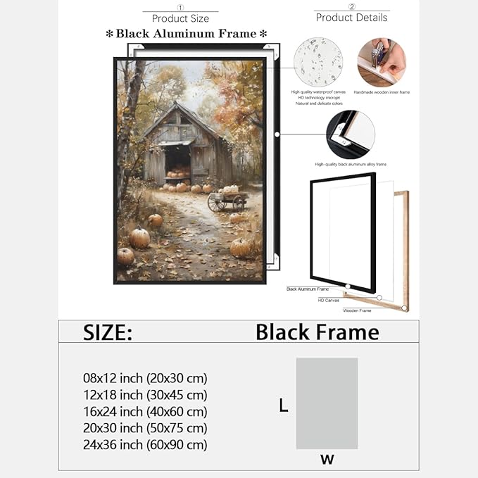 Fall Canvas Wall Art Farmhouse Pumpkin Barn Posters Retro Countryside Fall Pictures Prints Farmhouse Wall Decor for Home Living Room 12x18inch black framed