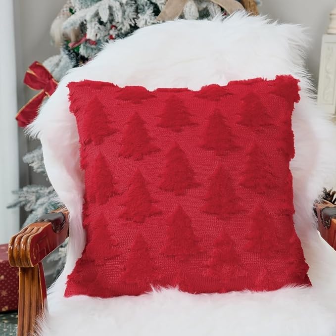 GEEORY Christmas Tree Throw Pillow Covers 16x16 Inch Set of 2, Xmas Winter Soft Plush Faux Fur Wool Decorative Farmhouse Holiday Cushion Case for Home Decoration (Red) GC005-16