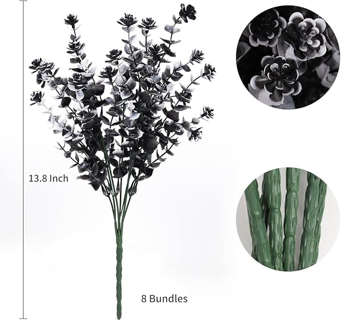 Black Artificial Flowers, Fake Outdoor UV Resistant Plants Faux Plastic Greenery Shrubs Indoor Outside Hanging Planter Home Kitchen Office Wedding, Garden Decor (White+Black)