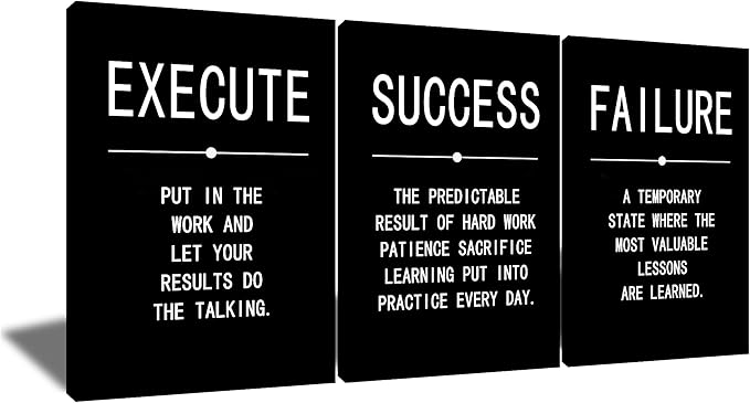 Inspirational Canvas Painting Wall Art Success Quote Wall Art Execute Failure Definition 3 Pieces Black Poster Positive Motivational Framed Artwork Prints Picture for Living Room Office [60''Wx 28''H]