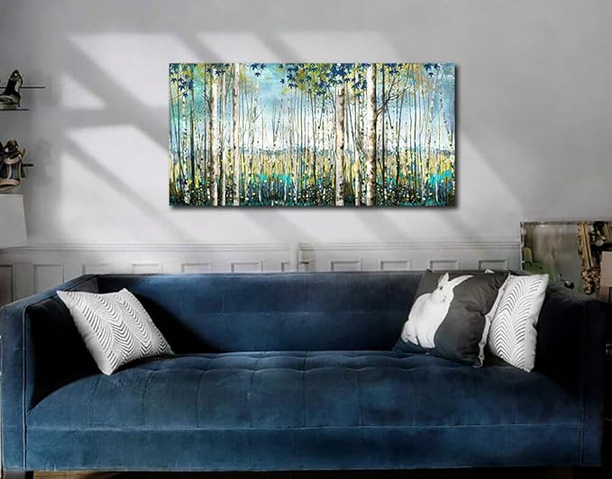 Large Wall Art Decor Green View White Birch Forest Canvas Painting Nature Plant Picture Wildlife Trees Landscape Artwork Home Living Room Bedroom Office Wall Decoration Hand-Painted Wall Art 24x48