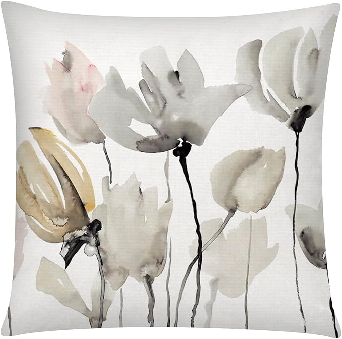 Brown White Grey Pillow Covers 16x16 Set of 6, Watercolor Flower Throw Pillow Cover for Couch, Modern Floral Cushion Cover for Sofa Bedroom Living Room Farmhouse Home Decor