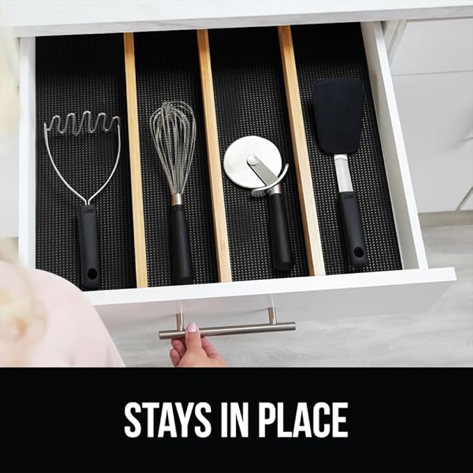 GORILLA GRIP powerGRIP Drawer Shelf and Cabinet Liner, Thick Strong Hold, Non-Adhesive Liners Protect Kitchen Cabinets and Cupboard, Bathroom Drawers, Easy Install, Breathable Mat, 17.5" x30', Black