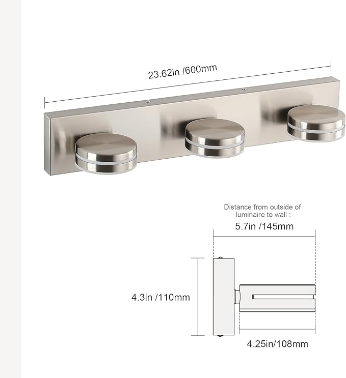 3-Light Bathroom Vanity Light, Brushed Nickel Bathroom Light Fixtures Over Mirror, LED Vanity Lights with 360°Rotating Lamp Head(24in)