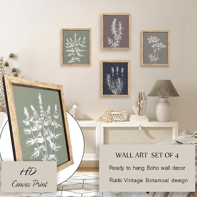 GUMEYJIA Boho Wall Art Set of 4 Framed Herb Prints Botanical White Floral Sketches with Gray and Sage Green Background Modern Farmhouse Decor Home Kitchen Wall Decor (11x14 in)