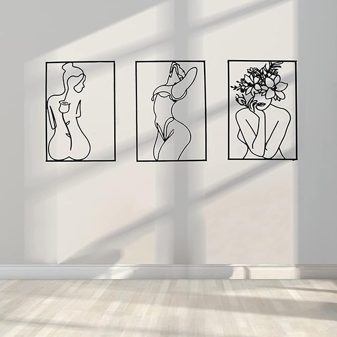 Glamativity Large 4 Pack Black Wall Art Décor, Minimalist Décor Single Line Art Wall Décor, Real Metal Wall Art, Woman's Body Shape Abstract Wall Art (Black Classic Style, L Size 22.5 x 15.7'')