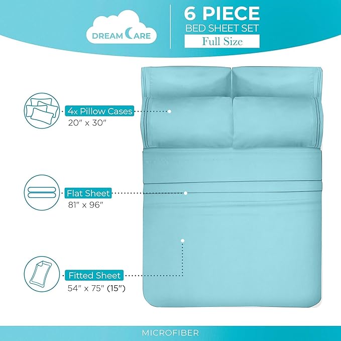 DREAMCARE Full Size Sheets Set - 6 Pcs Deep Pocket Cooling Bed Sheets - Soft, Long Lasting 100% Brushed Microfiber with Side Pocket (Spa Blue, Full)