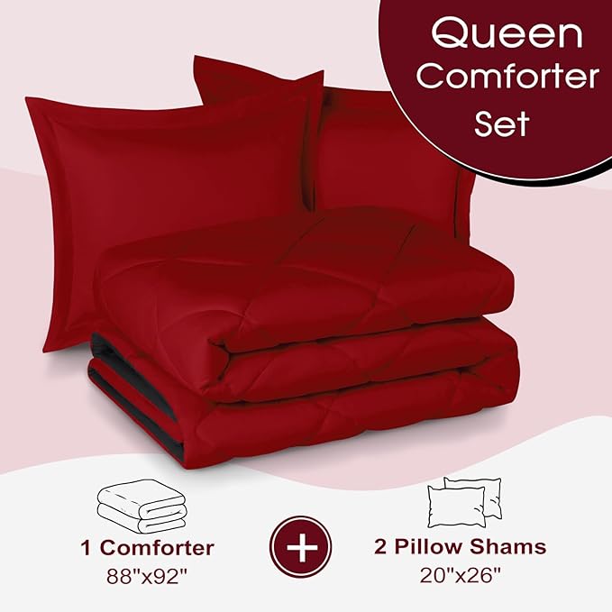 Basic Beyond Queen Comforter Set, Red and Black Comforter Set Queen Size, Reversible Bed Comforter Queen Bed Set for All Seasons, 1 Comforter (88"x92") and 2 Pillow Shams (20"x26"+2")