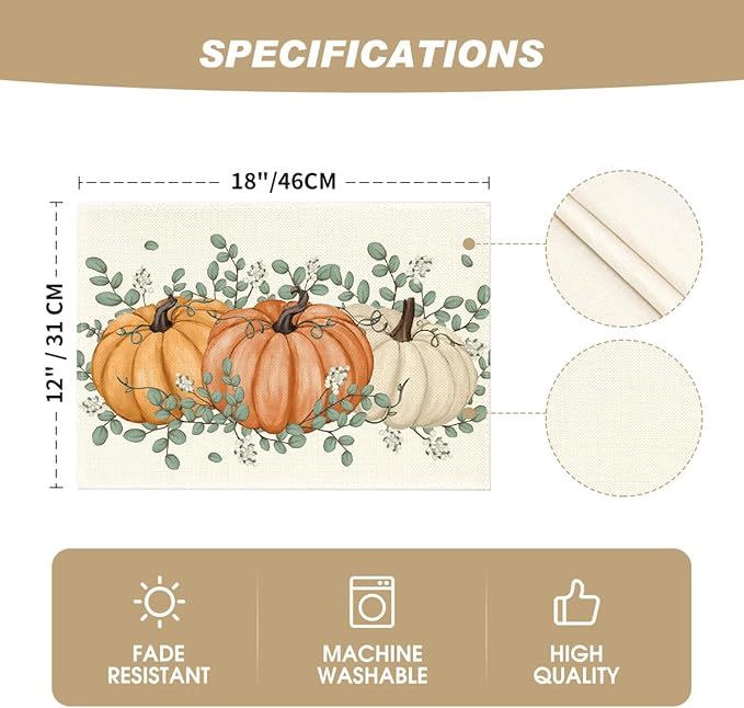 Artoid Mode Orange Pumpkins Eucalyptus Leaves Fall Placemats Set of 4, 12x18 Inch Autumn Thanksgiving Holiday Table Mats for Party Kitchen Dining Decor