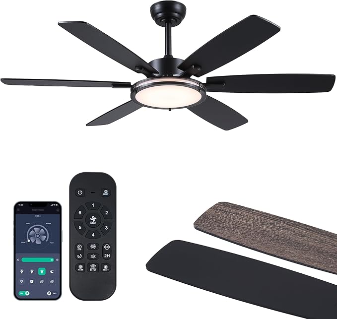 Ceiling Fans with Light, 52in Flush Mount Ceiling Fan with Light and Remote/App Control,Low Profile,Super Brigt LED,3CCT,Dimmable,Quiet DC Motor for Bedroom Kitchen Black