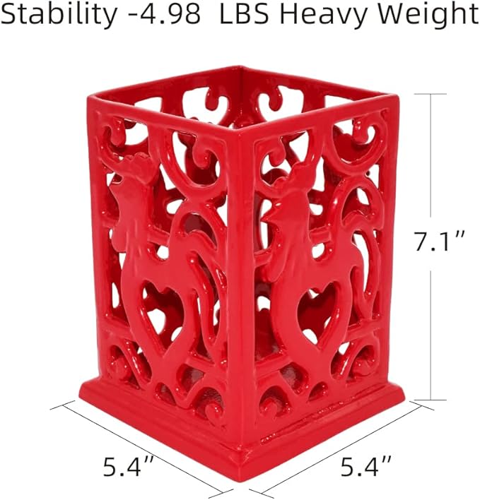 Vintage Utensil Holder for Countertop, Robust Sturdy Cast Iron Utensil Holder for Kitchen Counter Cooking Tools Crock Spoon and Spatula Holder Organizer, Red