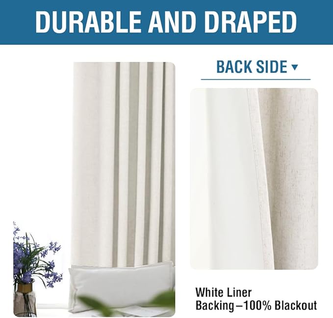 H.VERSAILTEX 100% Blackout Curtains for Bedroom 84 Inches Long Grommet Linen Face Full Light Blocking Curtain Drapes for Living Room Thermal Insulated Linen Look Curtains 2 Panels Set, Antique White