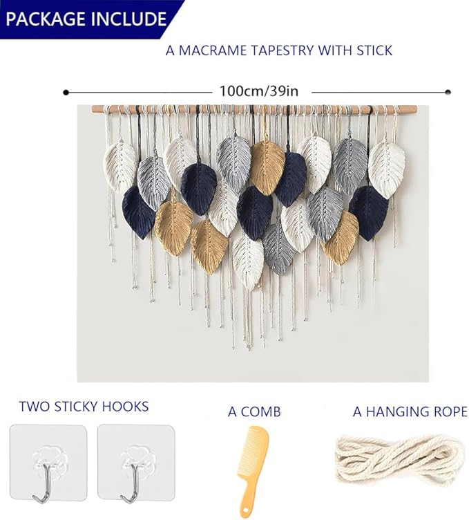 VEKALON Macrame Wall Art Tapestry - Large Boho Chic Woven Wall Hanging Decor for Bedroom, Modern Bohemian Leaf-Shaped Decorations for Office, Living Room, Bathroom(Navy Blue)