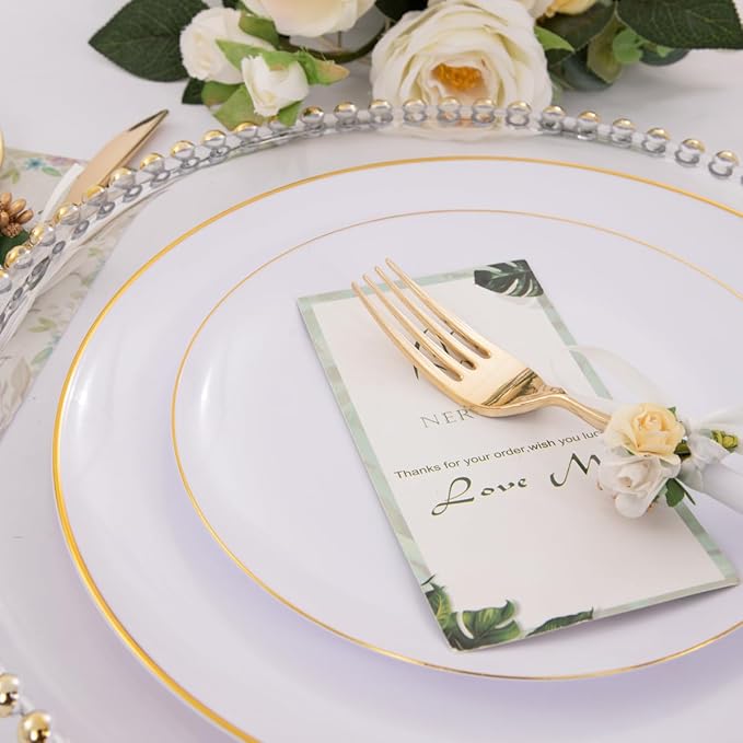 Nervure 100 Pieces Gold Plastic Plates - 10.25 inch Gold Dinner Plates - Heavyweight White and Gold Disposable Plates Ideal for Wedding & Party & Thanksgiving