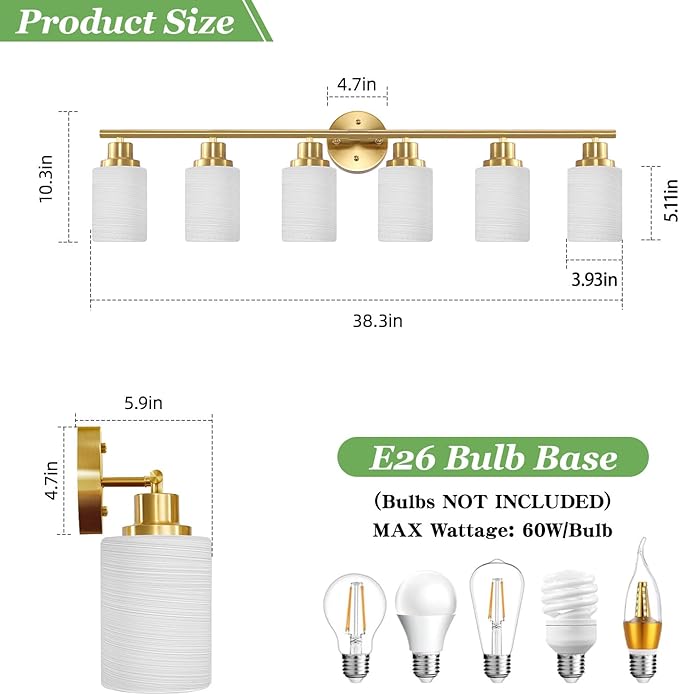 6-Light Vanity Lights, Brushed Gold Bathroom Light Fixture with Striped Textured Milky White Glass Shade, E26 Wall Sconce, Modern Vanity Lighting Fixture for Bathroom Wall Light Over Mirror