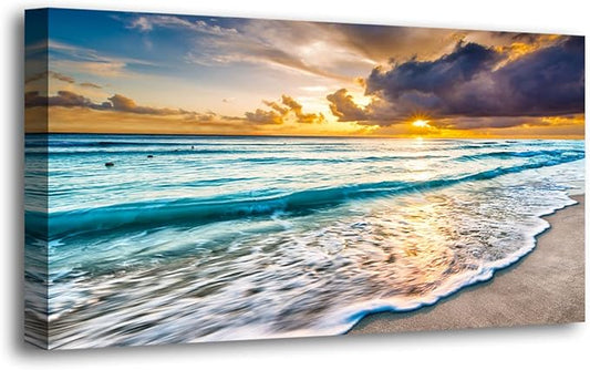 Beach Canvas Wall Art Seascape Theme Pictures Home Decor Blue Ocean White Wave Sunset Prints Painting for Living Room Bathroom Bedroom Kitchen Office Decorations Natural Landscape Artwork 28x57 inches