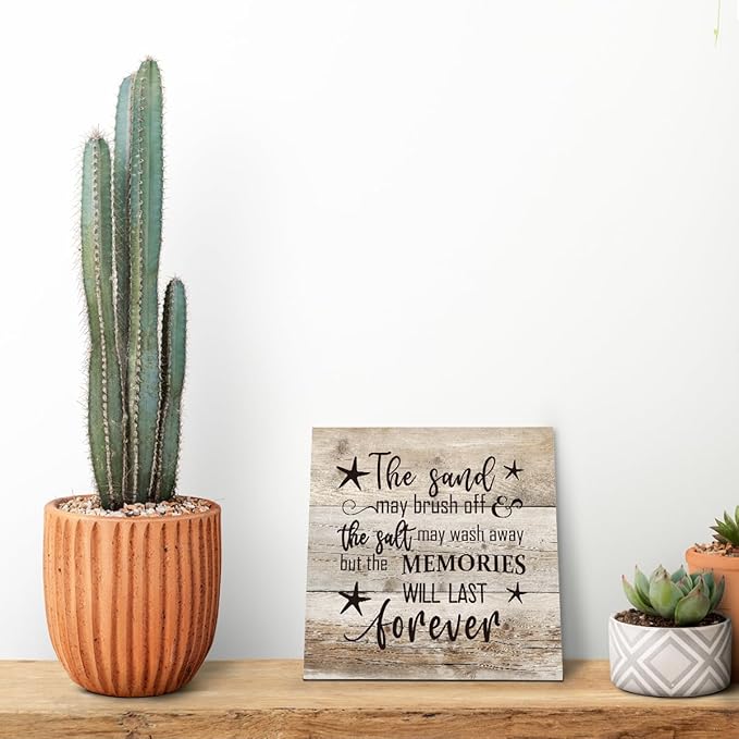 Beach Wood Sign - The Sand May Brush Off, the Salt May Wash Away but the Memories Will Last Forever - Ocean Theme Home Decorations, Beach House Decor, Family Plaque Table Art