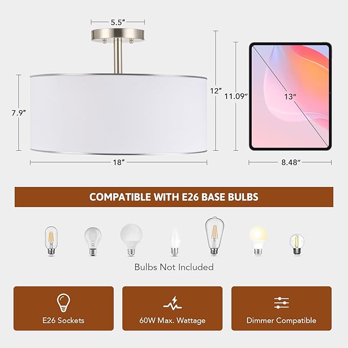 VONLUCE Semi Flush Mount Ceiling Light, 18" Drum Light Fixture with Diffused Shaped, Modern Drum Light Fixture for Bedroom Living Room Entryway Hallway, White Shade & Nickel Finish