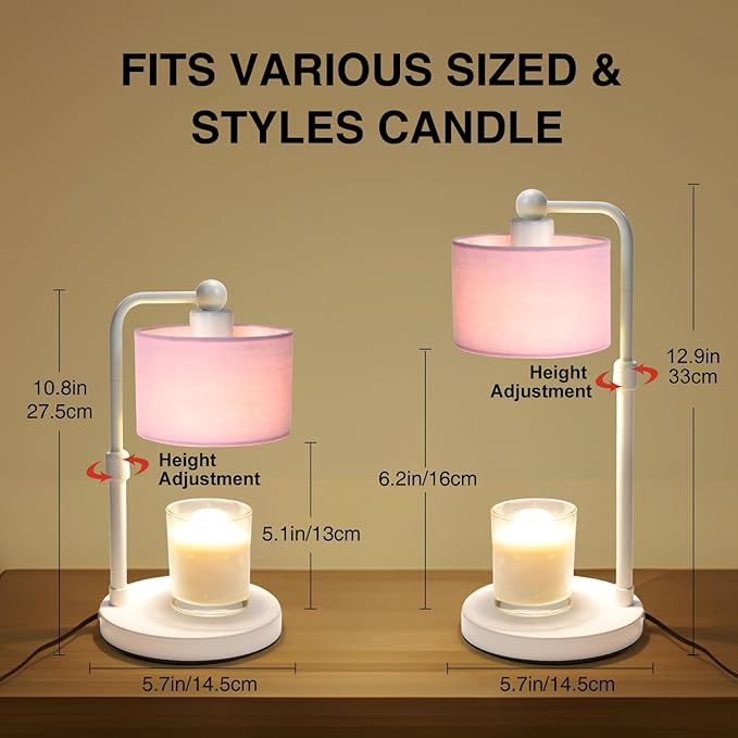 Candle Warmer Lamp with Timer, Dimmable Candle Wax Warmer, Height Adjustable Electric Candle Lamp Warmer with 2 Bulbs, Birthday Gifts for Women Her, Mom Gifts Idea, Vintage Home Decor for Bedroom-Pink
