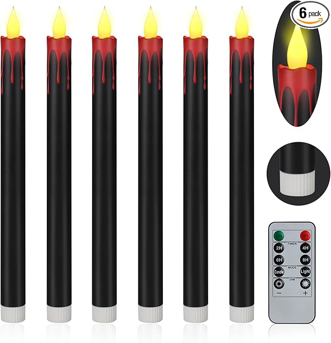 Flameless Taper Candles 10.6" Dripless Battery Operated Taper Candles Included Remote Timer 400+ Hours by 2AA Batteries for Halloween Christmas Wedding (Black+Burgundy, 6 Pack)