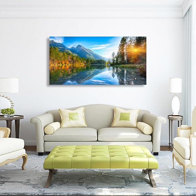 Landscape Canvas Wall Art for Living room Office Bedroom Sunshine Forest Scenery Wall Art Mountain Lake Pictures Art Print Paintings Modern Green Nature Wall Decor Artwork Waterproof -20 * 40inch
